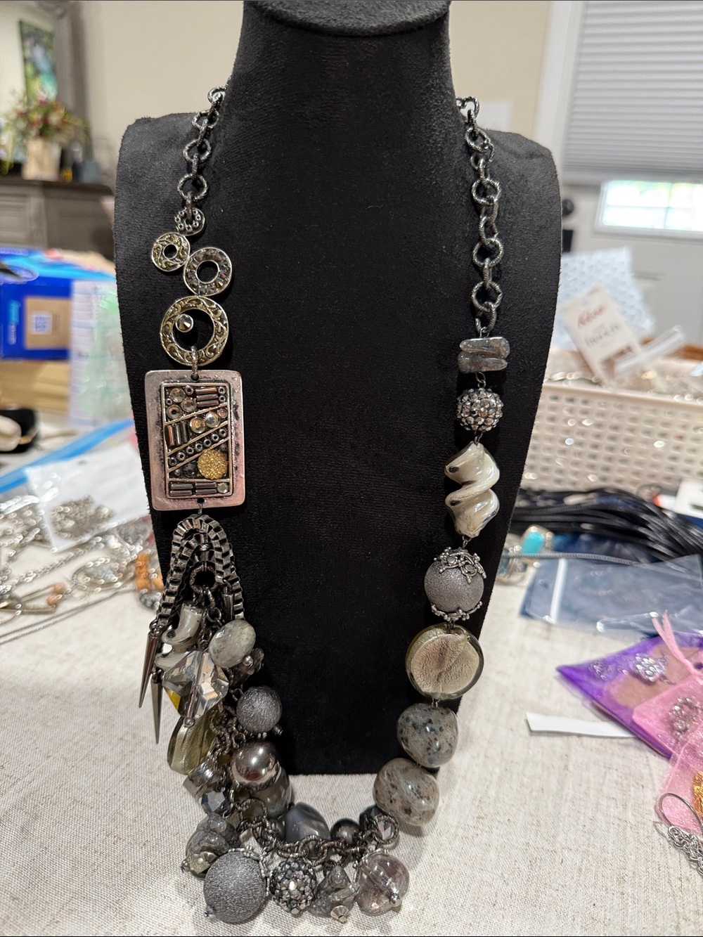 Treska Signed Mixed Media Statement Necklace Silver Gray Crystal Beaded